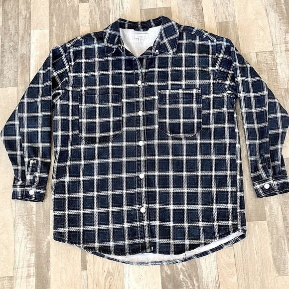 TOPSHOP Oversized Plaid Shacket Shirt Jacket Denim Navy Blue 6 EB - Picture 4 of 16
